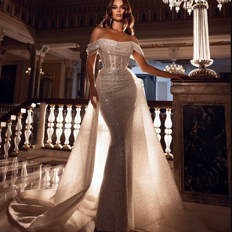 Gaun pernikahan Tulle putri duyung berkilau sempurna gaun pengantin dengan ritsleting lipatan bahu lepas pasang untuk wanita 2024