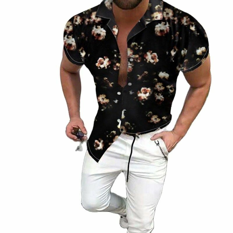 2021 estate moda uomo abbigliamento stampa camicia Casual slim griglia camicia colletto alla coreana camicia a maniche corte camicie con stampa a catena dorata