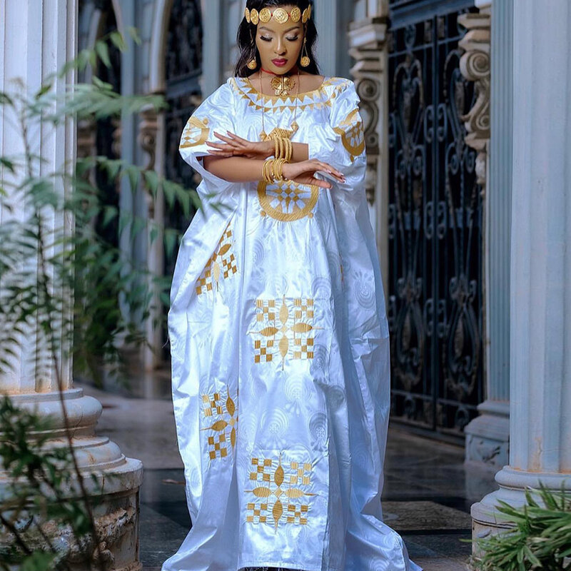 Gold Embroidery Bazin Boubou African Nigerian Plus Size Dashiki Long Robe 2024 High Quality Party Wedding Bride Cloting Dresses