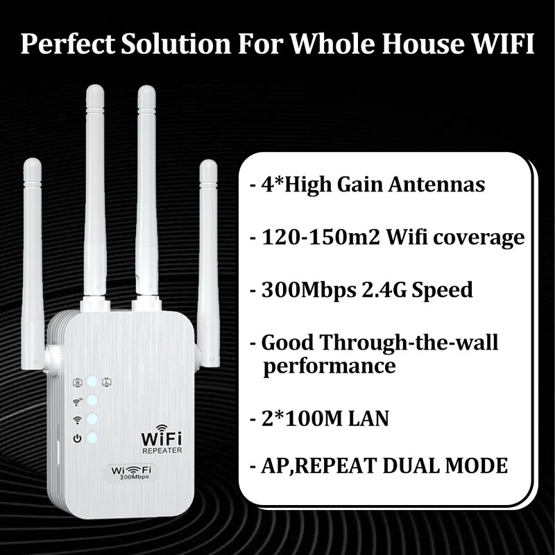 OPTFOCUS-repetidor WiFi 2,4G, amplificador de señal, punto de acceso inalámbrico, AP, 2LAN, 300Mbps