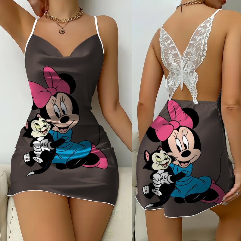 Falda de pijama con lazo de Minnie Mouse para mujer, vestidos de moda de verano 2024, vestido sin espalda, superficie de satén, Mickey, Disney, Mini vestido de fiesta Sexy