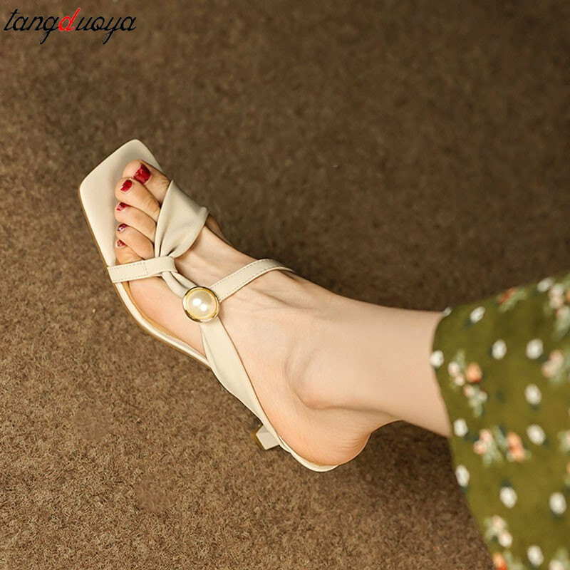 Women's Summer Slippers New Fashion Thin Low Heels Pearls Slippers French Elegant Square Head Banquet Party Women's High Heels