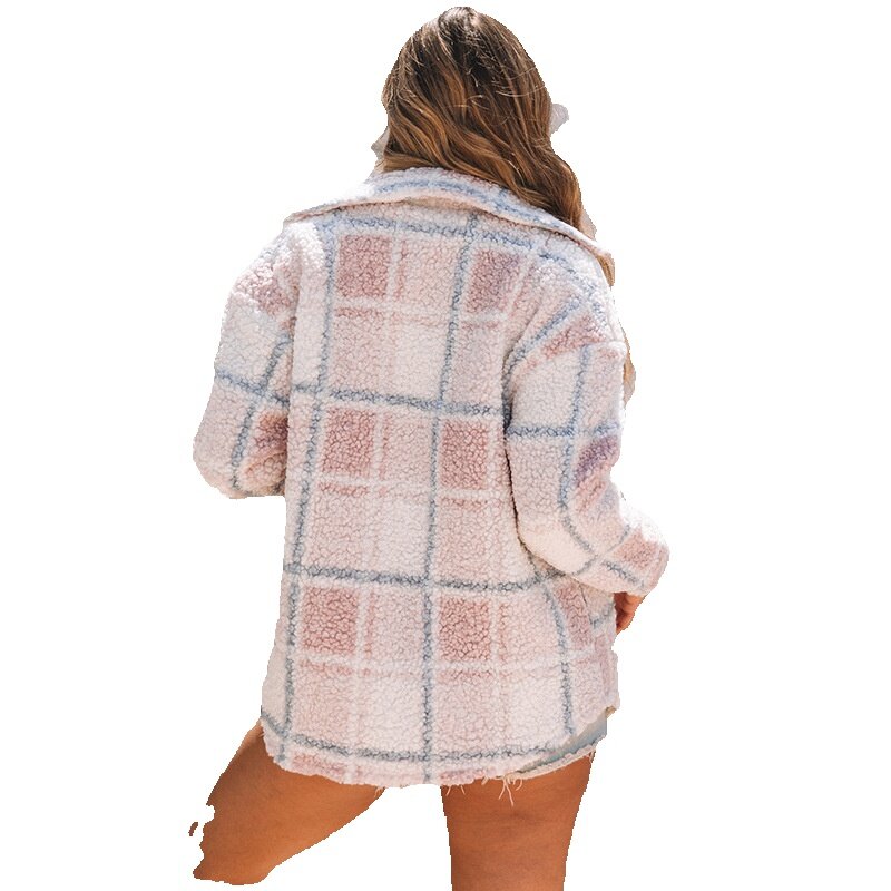 Casual Color Checkered Printed Lapel Jacket For Women 2023 Winter New Warm And Thickened Long Sleeved