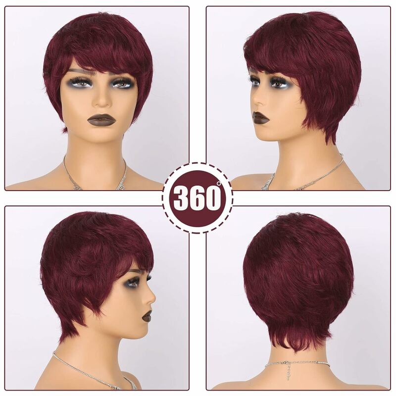 Newmi Red Wig Human Hair Short Pixie Cut Wigs for Women 99j Colored Human Hair Wigs Wear and Go Glueless Cheap Full Machine Wig