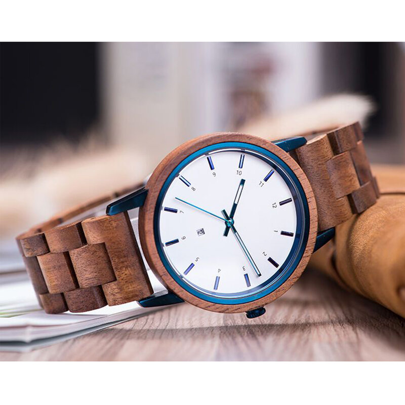 Unisex handmade maple imported quartz movement analog watch display calendar adjustable strap fashion personalized gift watch