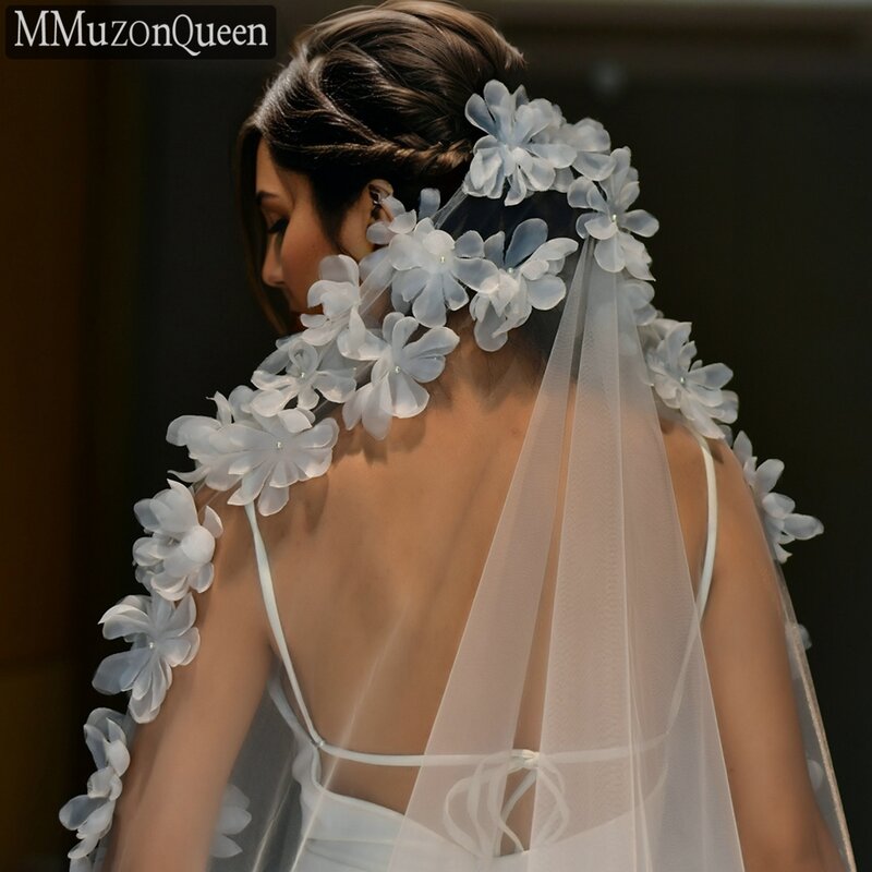 طرحة زفاف طويلة من لؤلؤ MMQ للنساء ، زهور دانتيل ، أبيض فاقٍ ، طبقة واحدة ، طرحة زفاف كاتدرائية ملكية مع مشط ، إكسسوارات زفاف ، M97