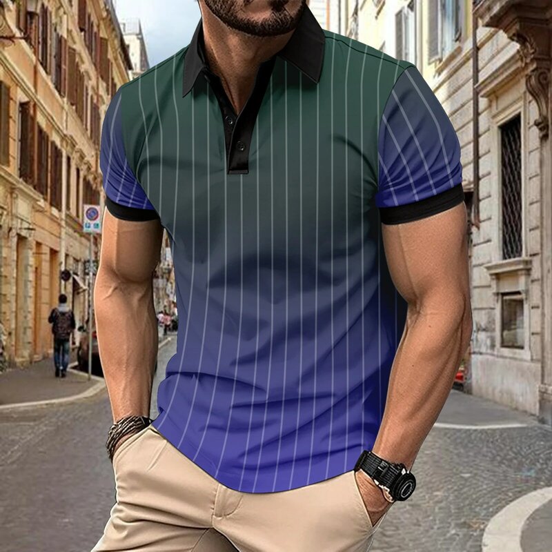 Kaos polo olahraga pria, baju polo olahraga kasual pria musim panas warna kontras kancing bergaris