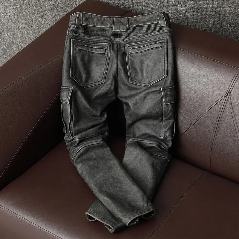 Мотоциклетные кожаные брюки, мужские брюки, толстые 100% воловья кожа, винтажные серые черные мужские байкерские брюки, зимние 5XL