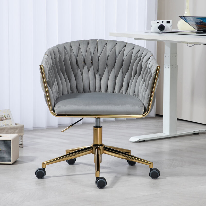 Szare, nowoczesne, ręcznie tkane krzesło biurowe z oparciem z regulacją wysokości i 360°° Kółka obrotowe do sypialni lub salonu
