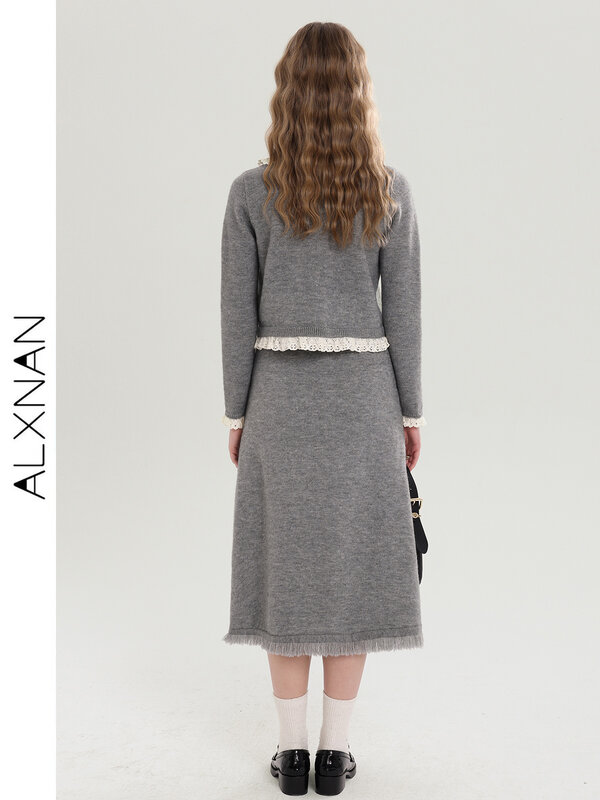 ALXNAN jesienny damski kostium dziewiarski do klapy sweter jednorzędowy + spódnica z dzianiny garnitury 2-częściowe komplety sprzedawane oddzielnie T00921