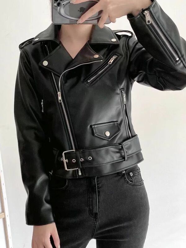 Brand 2022 New Women Autumn Winter Black Faux Leather Jackets Zipper Basic Coat Turn-down Collar Motor Biker Jacket With Belt
