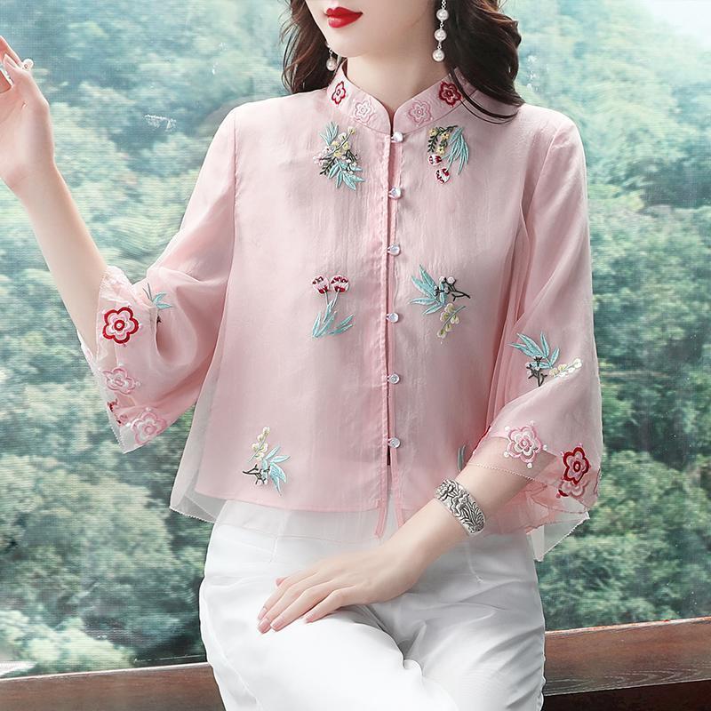 2022 Blouse Vrouwen Groen Roze Chinese Blouse Etnische Borduurwerk Vintage Blouse Oversize Lange Mouwen Dames Casual Tang Pak Tops
