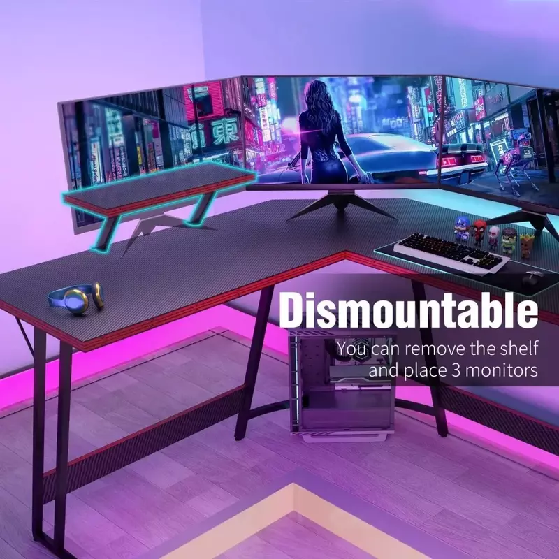 โต๊ะคอมพิวเตอร์เล่นเกมรูปตัวแอลขนาด51นิ้วโต๊ะเกมส์ PC พร้อมขาตั้งยกจอมอนิเตอร์ขนาดใหญ่สีดำ