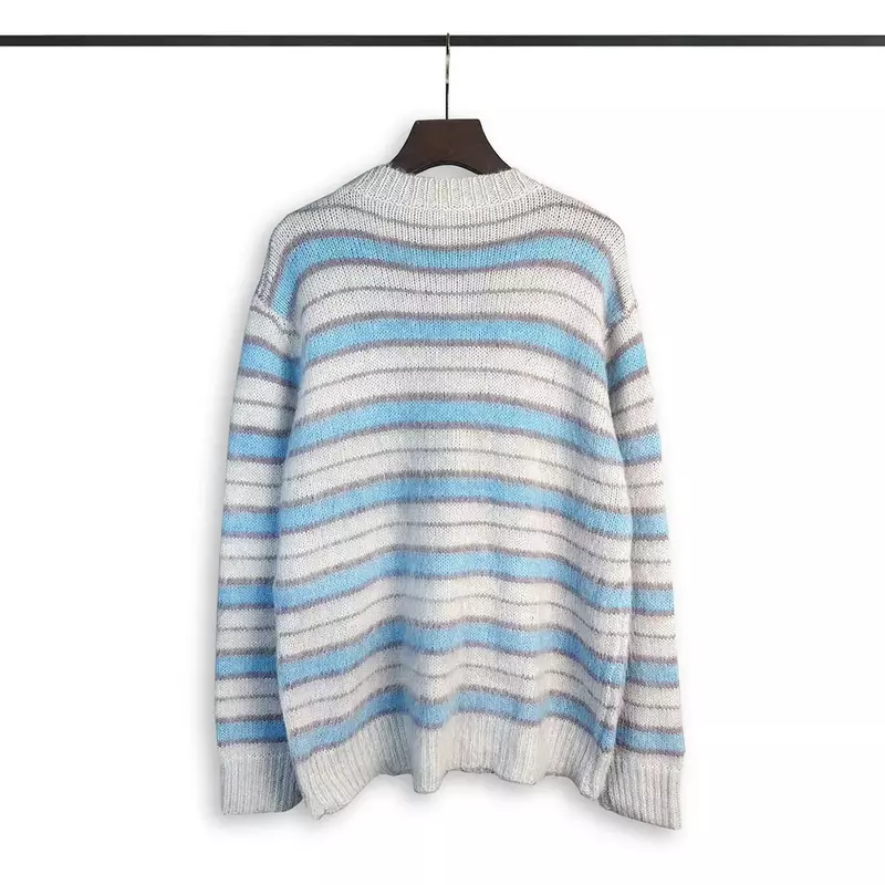 Vintage listrado malha pullover para homens e mulheres, Patchwork Sweater, Baggy Crew Neck, Streetwear extragrande, Color Match