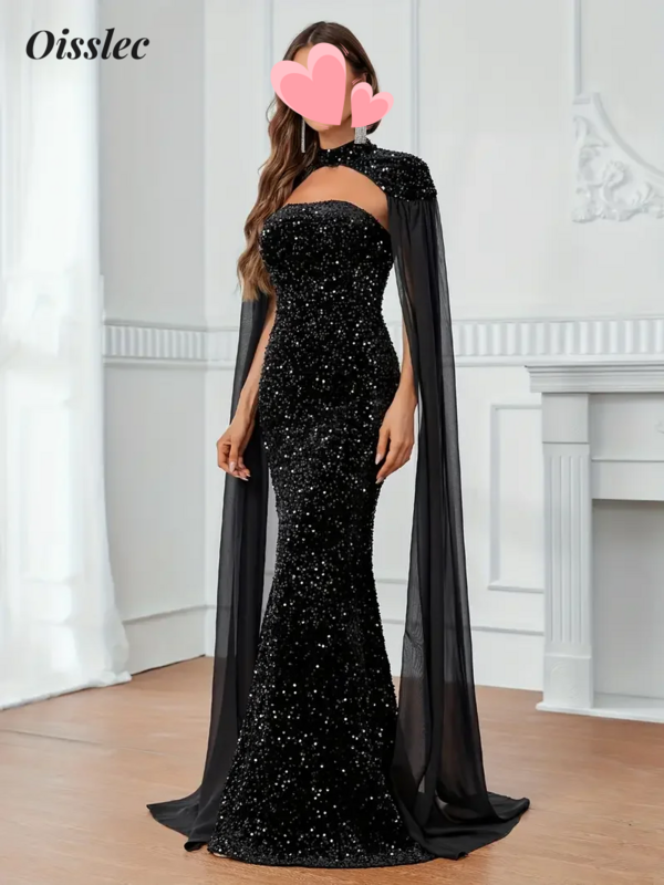 Oisslec Dress Elegant Vintage Sexy Black Mermaid Shiny Sequins Customize Formal Occasion Prom Dress Evening Party Gowns