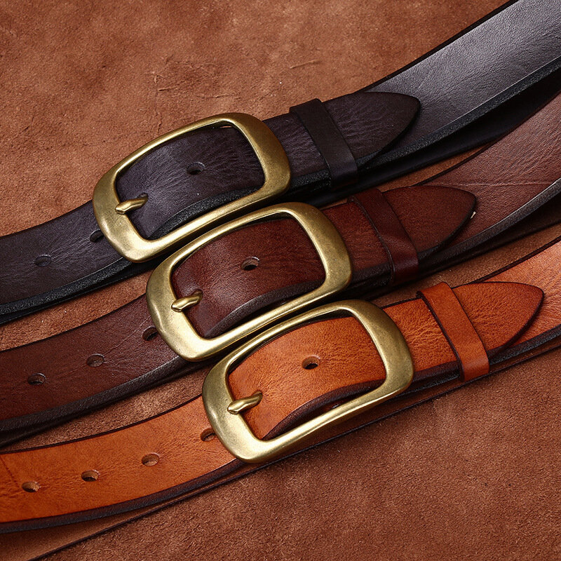 3.8cm/1.5'' Retro Handmade Leather Belt Men's Genuine Leather Belt Solid Brass Frosted Buckle Western Cowboy Jeans Waist Belts