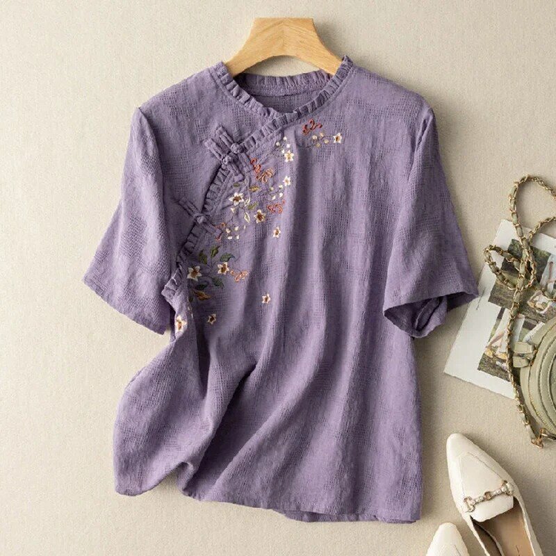 Camisa de lino de algodón Jacquard para mujer, blusa de cuello con volantes, bordado informal Retro, elegante, viento étnico, moda de verano, nueva