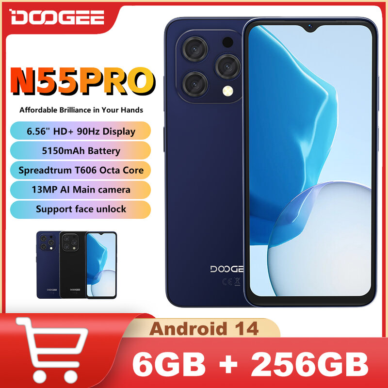 DOOGEE N55 Pro telefon komórkowy 6 GB + 256 GB 6,56 "HD + wyświetlacz 90 Hz 5150 mAh rozproszony baterii T606 13 MP aparat smartfon Android14