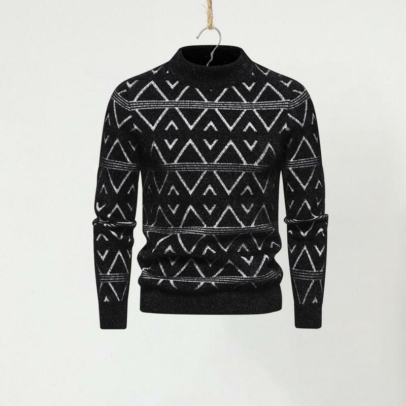 남성용 기하학적 패턴 스웨터, 아늑한 남성용 풀오버 상의, 기하학적 패턴 니트 스웨터, 부드럽고 따뜻한 O-넥 풀오버, 가을