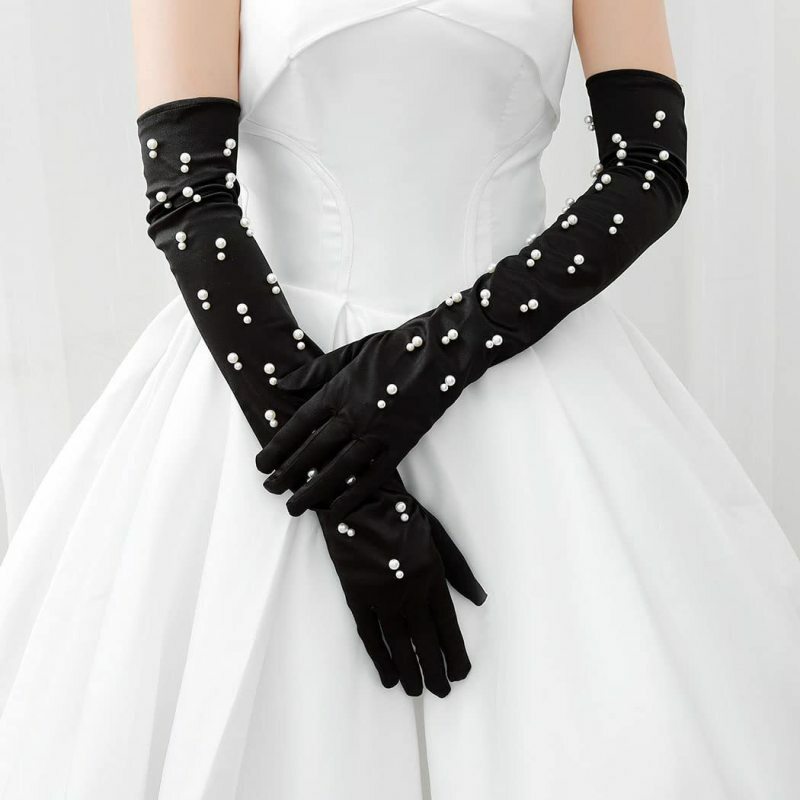 55cm Women Retro Style Satin Pearl Decoration Long Gloves Elegant Smooth Soft Stretch Stage Performance Accessories Cosplay