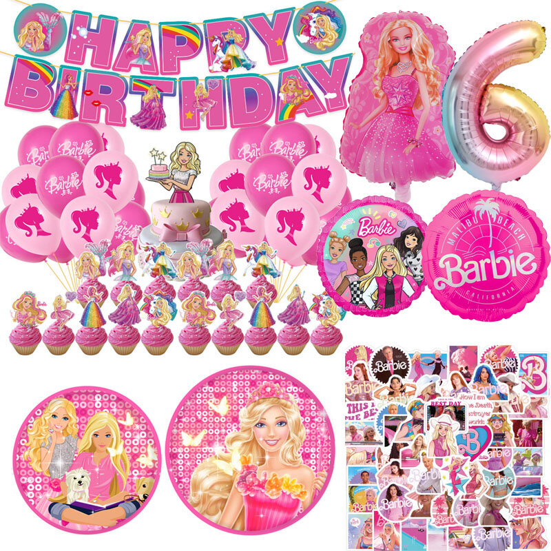 Barbie Fontes De Festa De Aniversário, Menina Rosa, Talheres Descartáveis, Banner, Cupcake Topper Fundo, Princesa Balões, Saco De Presente
