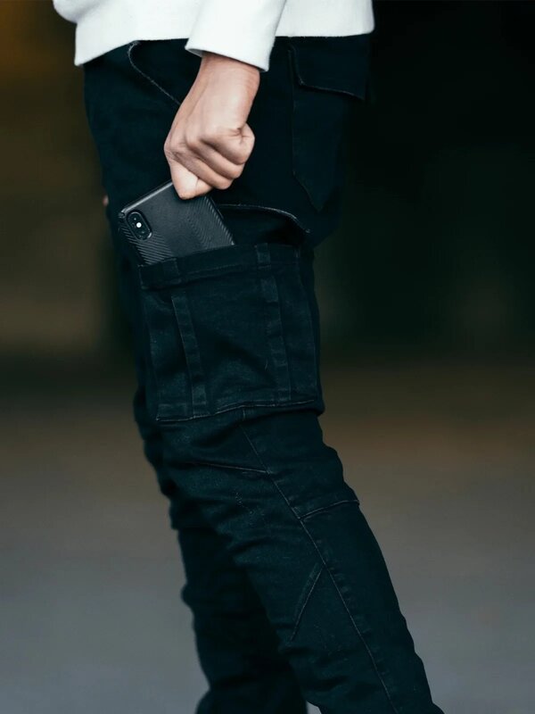 Elastyczne dżinsy męskie męskie spodnie Cargo w jednolitym kolorze wiele kieszeni Casual spodnie ze średnim stanem Slim Fit odzież na co dzień joggerów