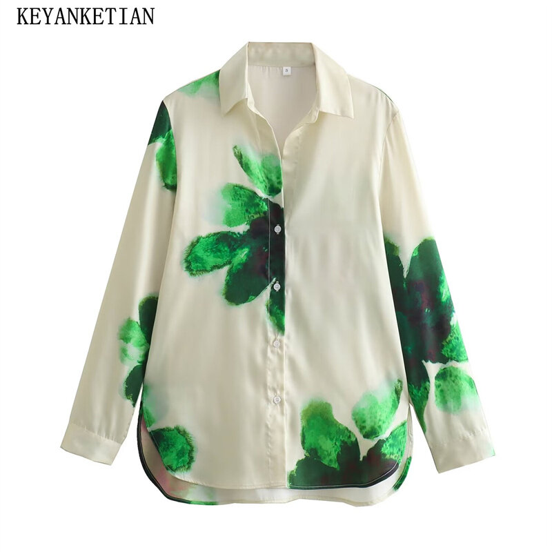 Camisa de cetim com estampa floral Keyanketian feminina, blusa solta, blusa casual, estilo pijama, oversize, novo lançamento, 2022
