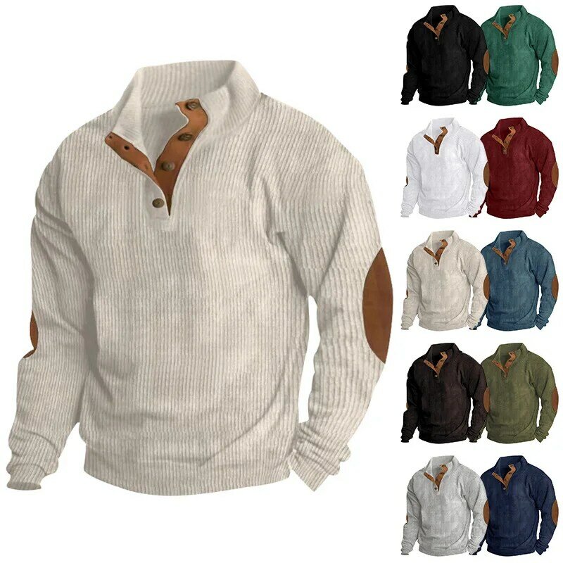 Heren Contrast Patchwork Sweatshirt Heren Hoodies Casual Losse Sweatshirts Met Lange Mouwen Herfst Mannelijke Knoop Opstaande Kraag Tops