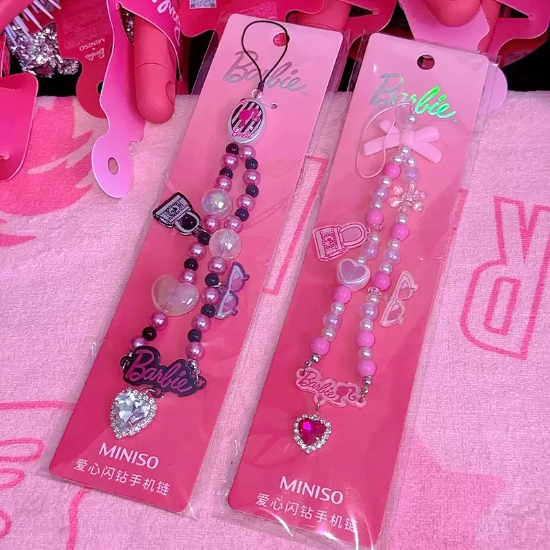 سلسلة الهاتف المحمول MINISO-Barbie ، القلب ، الفلاش ، الماس ، الديكور ، الوردي ، قلادة ، أنيمي الطرفية ، هدية عيد ميلاد ، الموضة