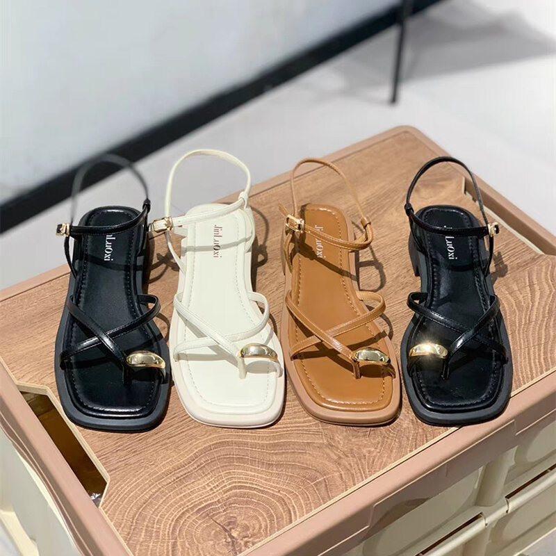 Sapatos romanos de dedo quadrado para mulheres, sandálias simples de cinta de fada, sapatos casuais planos, nova moda, verão, 2022