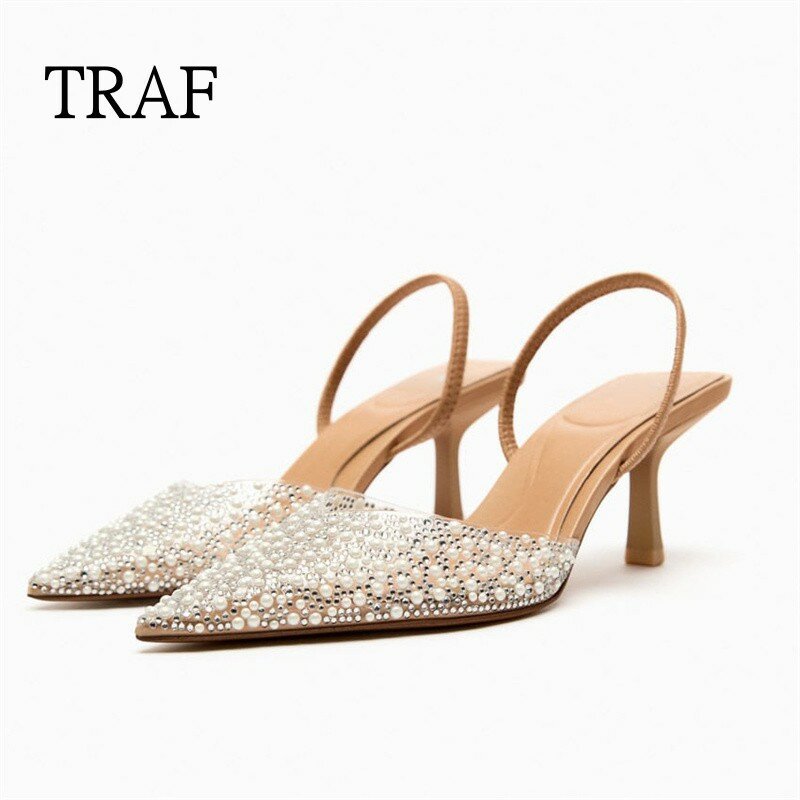 TRAF Summer Women High Heeled Sandals 2023 Fashion Pearl Decoration Slingback Woman Pumps Pointed High Heels Elegant Woman Shoes