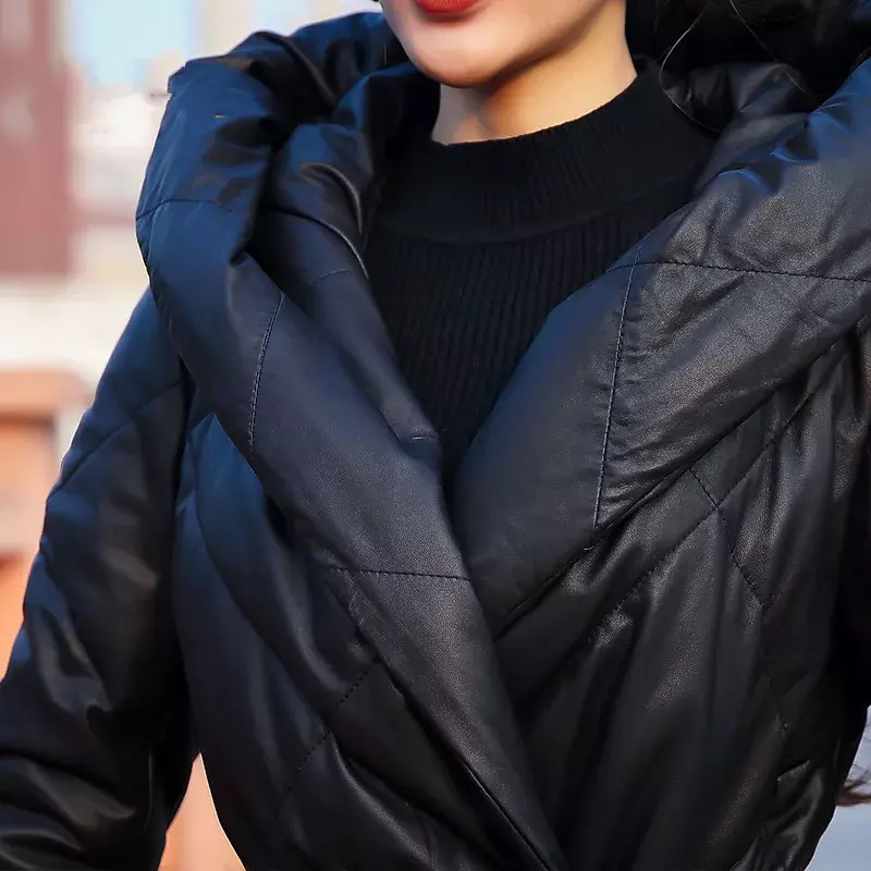 Tcyeek-따뜻한 진품 가죽 롱 후드 푸퍼 자켓 여성용, 우아한 100% 양피 코트, 겨울 의류