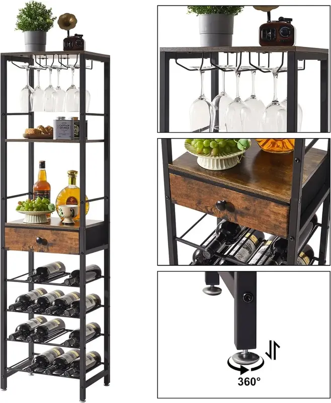 Rak anggur berdiri bebas lantai, lemari Bar untuk minuman keras dan kacamata, lemari Bar kopi lemari bar kayu 4 tingkat, pemegang kaca