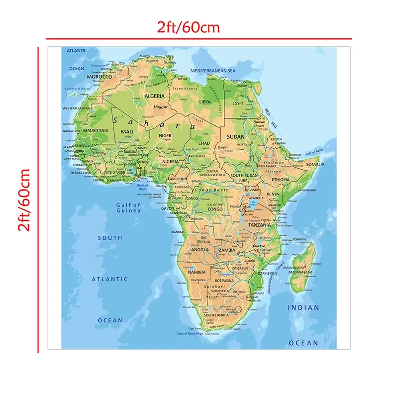 60*60cm 아프리카 지형 지도 2016 년 버전 부직포 그림 레트로 인쇄 벽 아트 포스터 거실 홈 장식