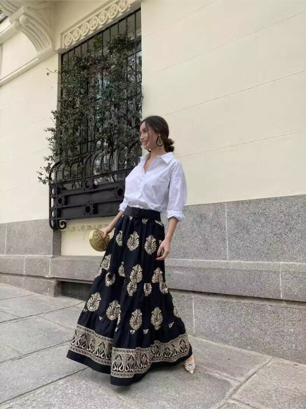 Vintage Printed Skirt Women Fashion Casual Drawstring Leace-up Elastic Waist Loose Long Skirts Female Spring Summer New Clothing