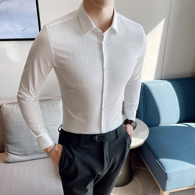 Wysokiej klasy koszule retro w paski 2024 wiosna/lato z długim rękawem Casual Business Dress mężczyźni brytyjski styl Slim Fit społeczna koszula smokingowa