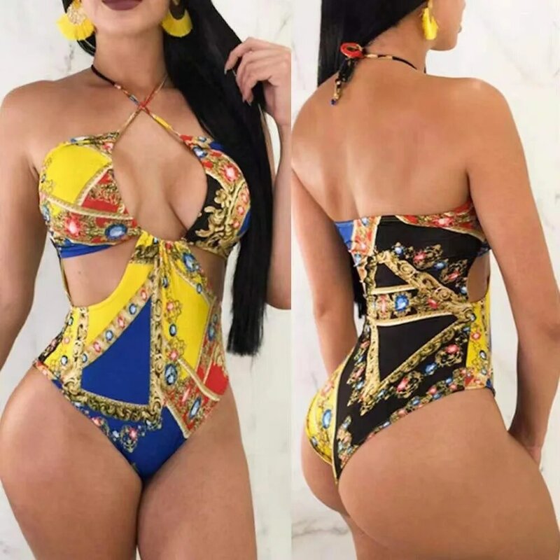 2024New Women's One-piece Printed With Hollow And Sexy StrapS Crossed SwimSuit Bikini