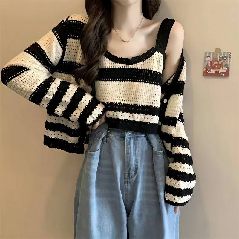 Striped knitted cardigan for women sense design pure desire summer and autumn suspender two-piece set of sweater cardigan female