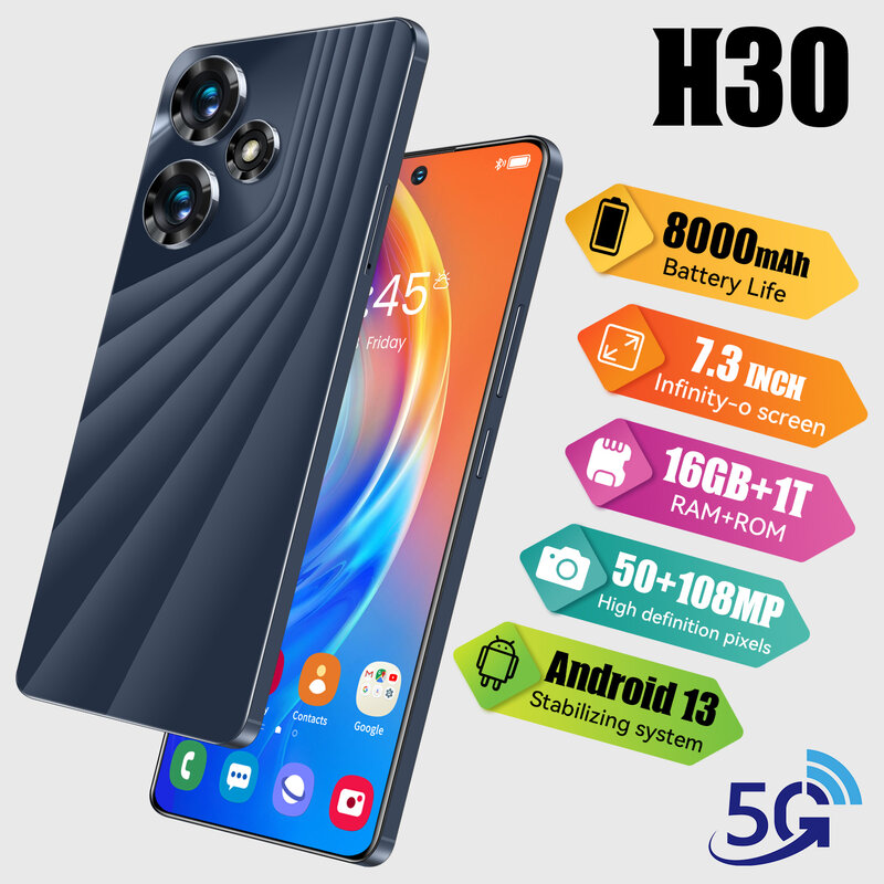 Original H30 5G Smartphone  Face Unlock  7.3 Inch  16GB+1TB  8000mAh  50MP+108MP Dual SIM Dual Standby  Android 13 Mobile Phone