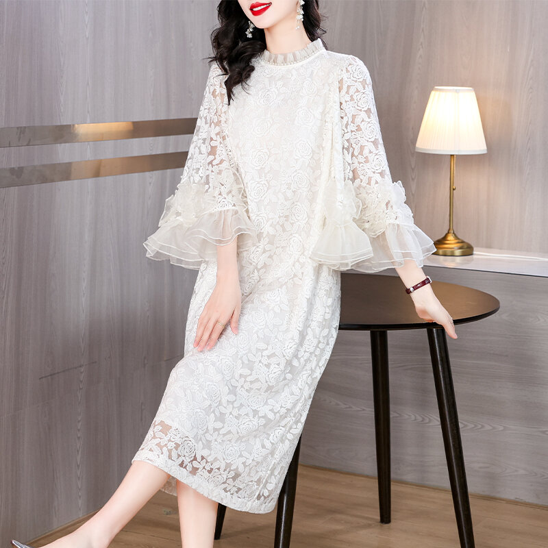 Vestido midi bordado floral feminino, vestido maxi solto elegante coreano, vestido chique vintage de festa de verão, Luxo, 2024