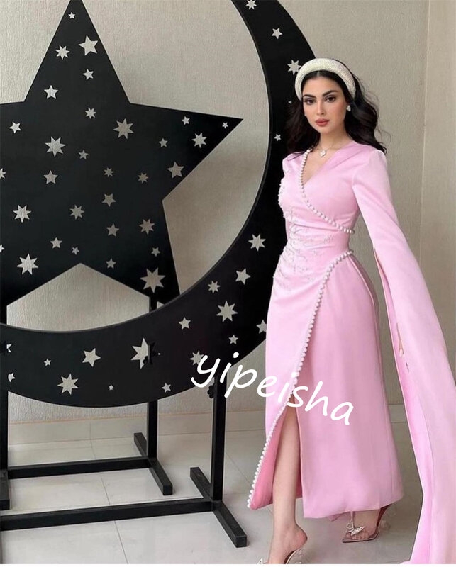 Prom Dress Evening Saudi Arabia Charmeuse Pattern Party Sheath V-neck Bespoke Occasion Gown Midi Dresses
