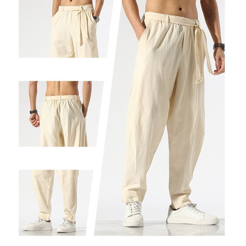 Pantalon sarouel en coton et lin pour hommes, grande taille, ample, solide, décontracté, taille élastique, ruban, Hip Hop, sport confortable, respirant