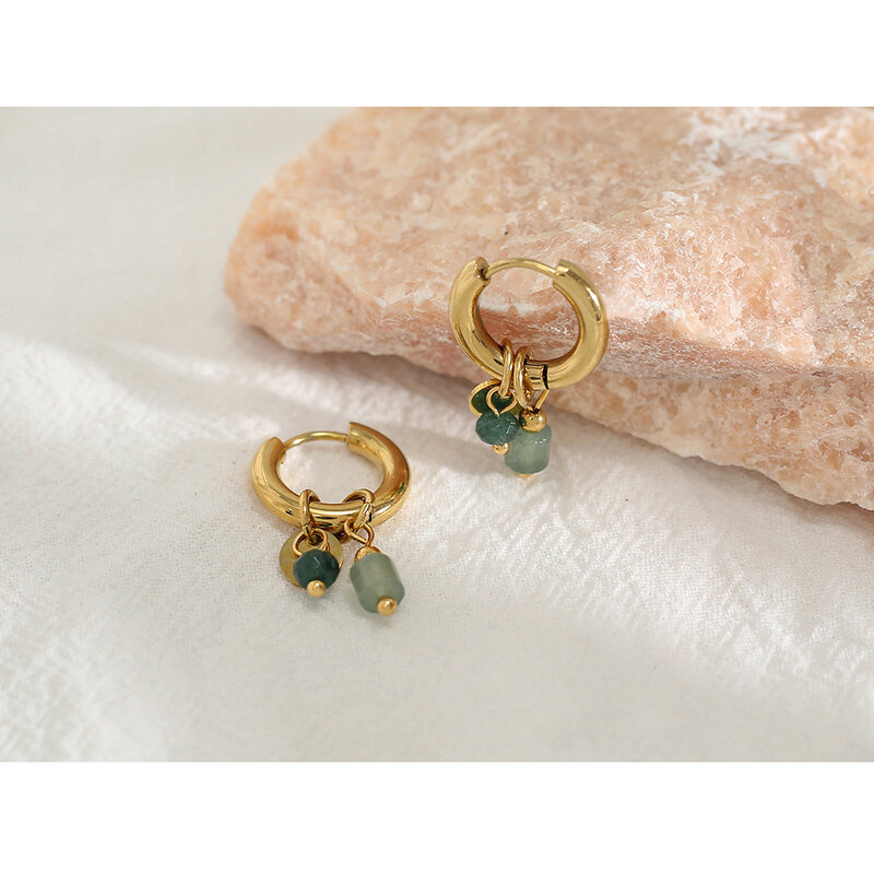 YACHAN 18K مطلية بالذهب الفولاذ المقاوم للصدأ هوب أقراط للنساء Vintage الأخضر الحجر الطبيعي Charms العصرية مقاوم للماء مجوهرات