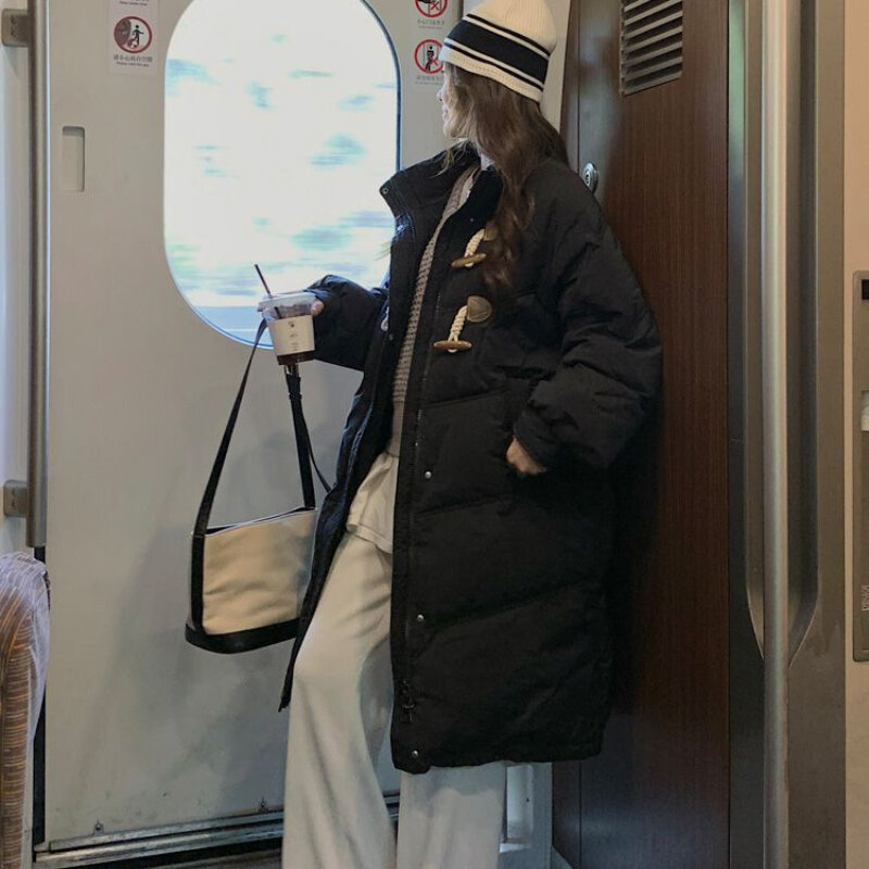Medium-long Style Parkas Women Thickening Winter Warm Turtleneck Long Sleeve Coats Pockets Horn Button Solid Color Windbreak