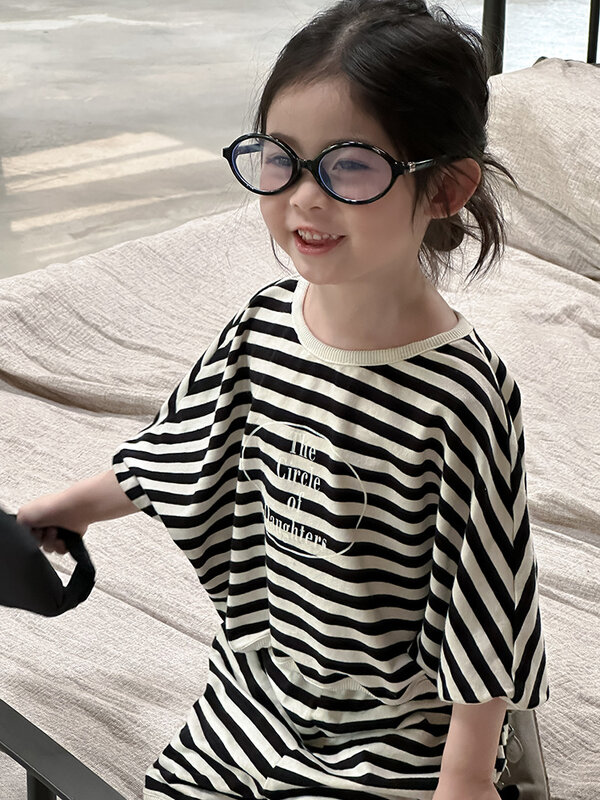 2024 Summer New Children Shorts Set Kids Boys Letter Print Striped 2pcs Suit Toddler Girls Casual Short Sleeve Clothes Outfits