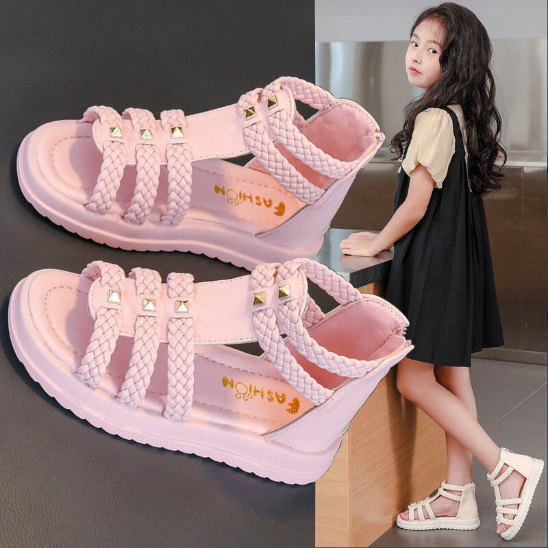 Girls Roman Sandals Open Toe Braided Solid Color High-top Simple Rivets New Summer Hollow Flat Casual Shoes Kids Fashion Casual