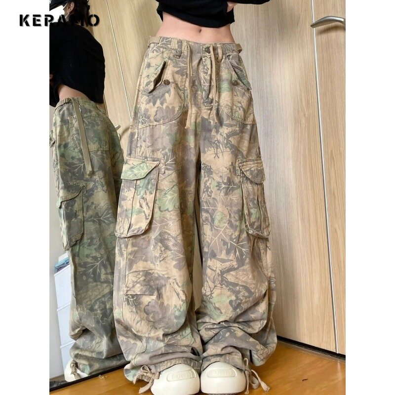 Vintage lässige High Taille drucken Cargo Kordel zug Hose für Frauen Streetwear Stil weites Bein Overalls Baggy Y2k Hose