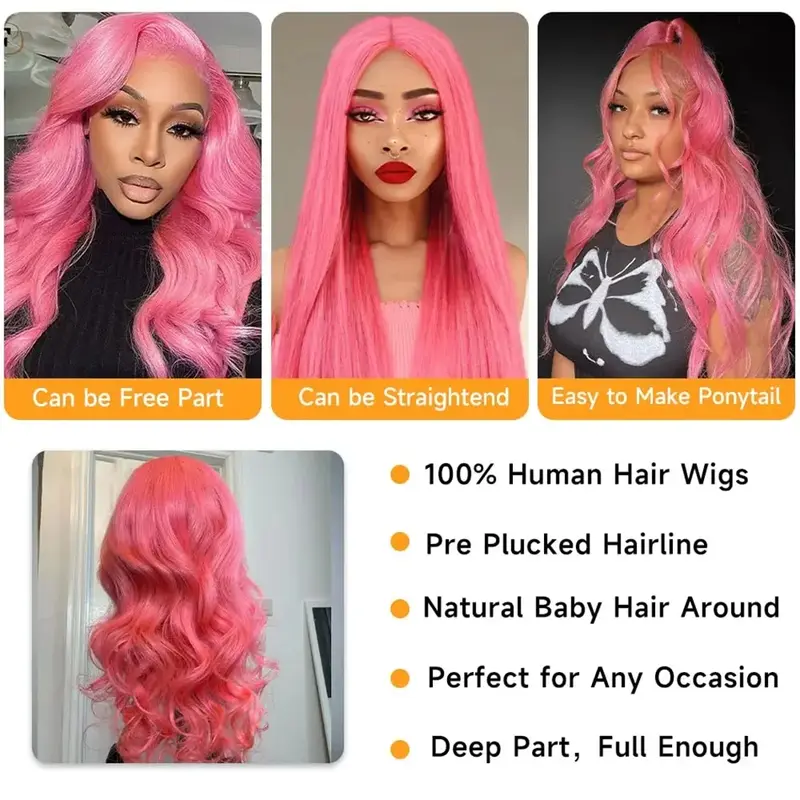 ピンクのレースキャップ付きの人間の髪の毛のかつら,女性用,巻き毛,色付き,体の波,コスプレ,ウェアと外出,13x6,密度200,30インチ
