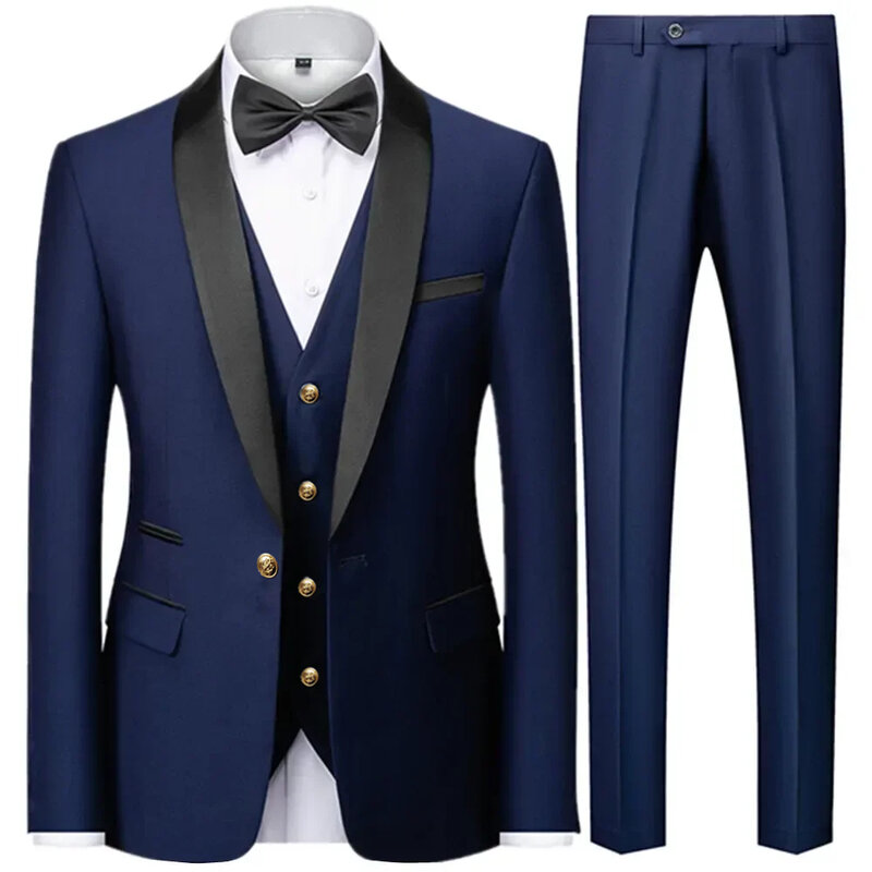 Комплект из трех предметов, Блейзер, куртка, брюки, жилет, модная новинка 2023, мужское повседневное эксклюзивное деловое приталенное шерстяное тонкое платье, пальто, брюки