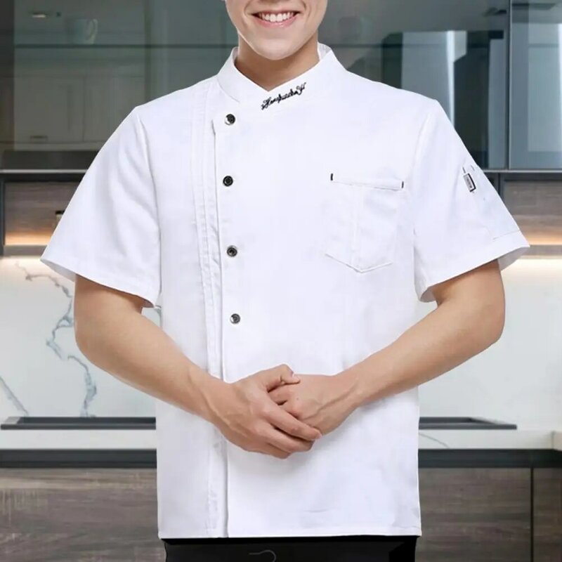 Chef Top Pocket-Botones de cuello alto de una sola botonadura, mangas cortas, Catering, restaurante, Unisex, talla grande, uniforme de Chef, ropa de trabajo